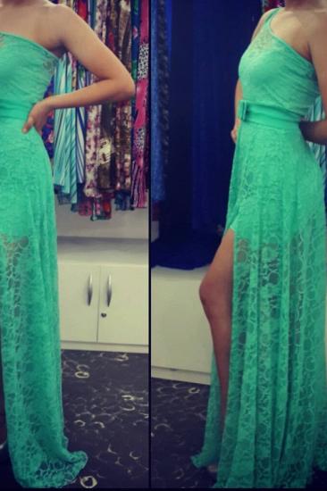 One Shoulder Green Lace Sexy Long Prom Dress Latest Floor Length Side Slit Evening Dresses with Belt_1