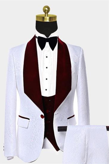 Burgundy Lapel White Jacquard Mens Suit |  Floral Tuxedo