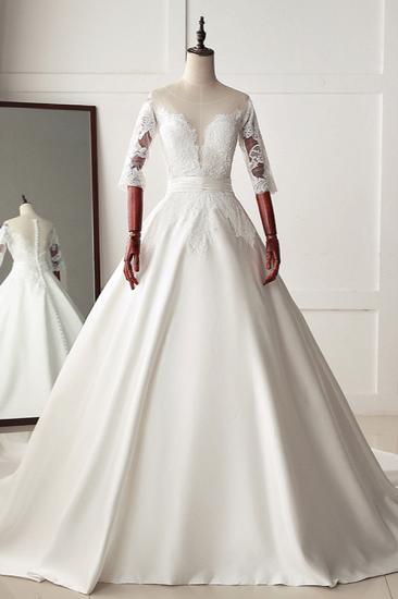 Bradyonlinewholesale Stunning Jewel Satin Tulle White Wedding Dress Half Sleeves Appliques Bridal Gowns Online