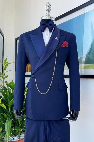Double Lapels Side One Button Navy Men's Formal Suit for Business_1