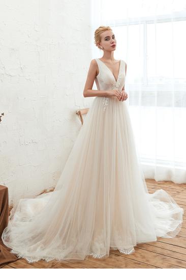 Affordable Tulle V-Neck Ruffle Long Wedding Dress with Appliques_6
