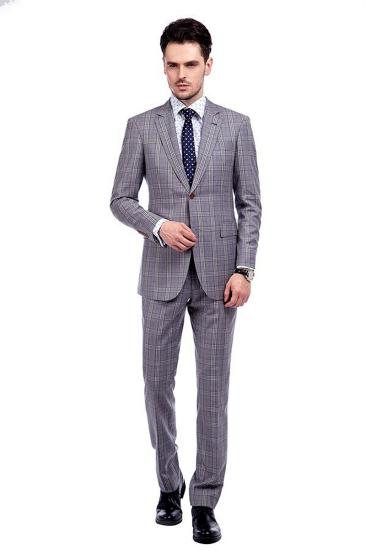Light Grey Plaid Fashion Notched Lapel Mens Suit_1