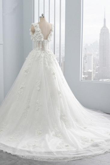 Bradyonlinewholesale Glamorous V-Neck Tulle Wedding Dress with Flowers Appliques Sleeveless Beadings Bridal Gowns Online_4