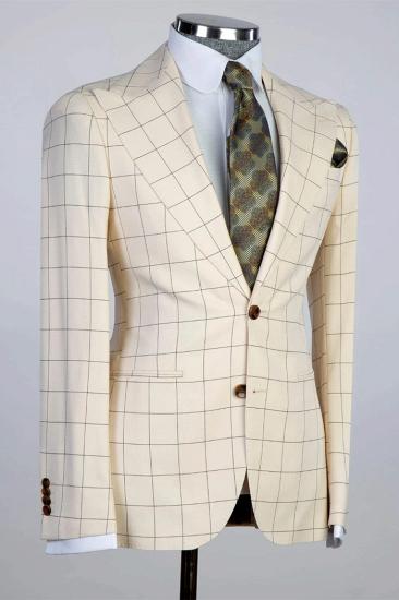 Primo Apricot Peaked Lapel Three Pieces Plaid Prom Suits_3
