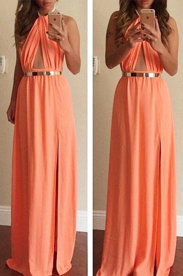 Halter Orange Chiffon Beach Evening Dress Gold Belt Side Slit Fitted Long Prom Gown for Summer_1