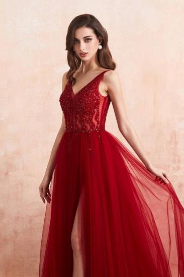 Luxury Burgundy V-Neck Beading Tulle Appliques Prom Dress A-line Side Split Evening Dress_6