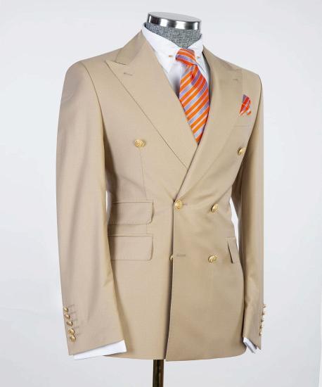 Khaki Double Breasted Point Collar Men's Business Suit_3