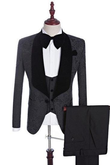 Xander Mens Black Jacquard Three Piece Shawl Lapel Wedding Suit_1