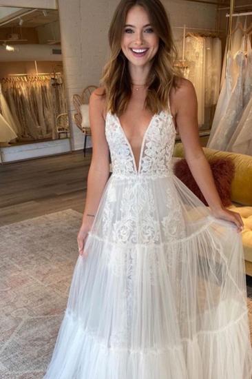 Spaghetti Straps Tulle A-line Wedding Dresses | Deep V-neck Pleated Bridal Gowns_3