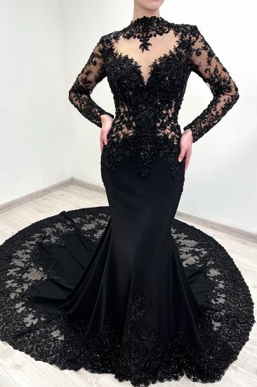 Black High-neck Appliques Lace Long Sleeve A-Line Wedding Dresses_3