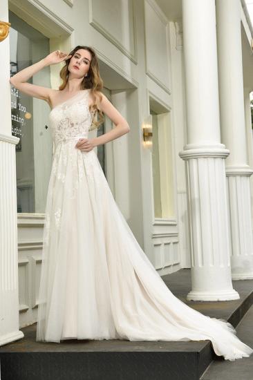 Summer A-Line One Shoulder Tulle Lace Ivory Wedding Dress Online_8