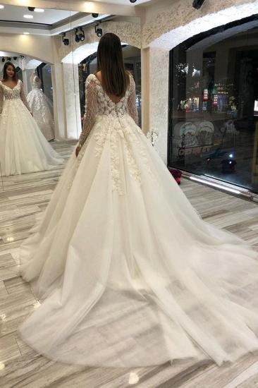 Elegant Ivory Long sleeves V-neck Leaves Lace Ball Gown Wedding Dresses_2