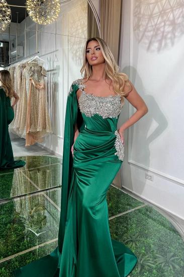 One Shoulder Sequins Ruched Crystal Detailing Mermaid Prom Dresses_4