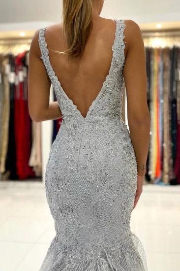 Glamorous Grey Sleeveless Mermaid Ball Gown V Neck Tulle Lace Evening Dress_4
