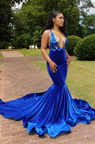 Glamorous Blue V-Neck Spaghetti Strap Prom Dress | Floral and Ground Mermaid Prom Dress_3