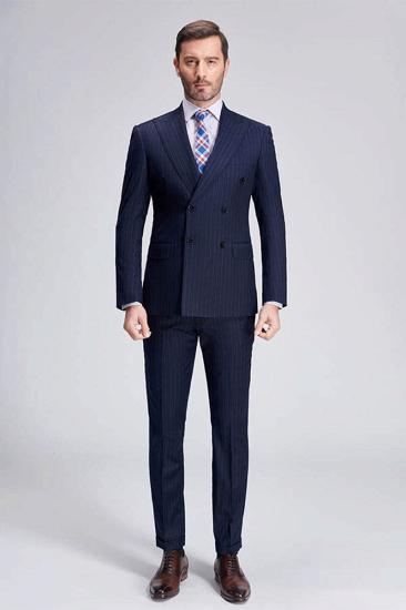 Premium Peak Lapel Double Breasted Mens Suit |  Mens Formal Pinstripe Dark Navy Suit