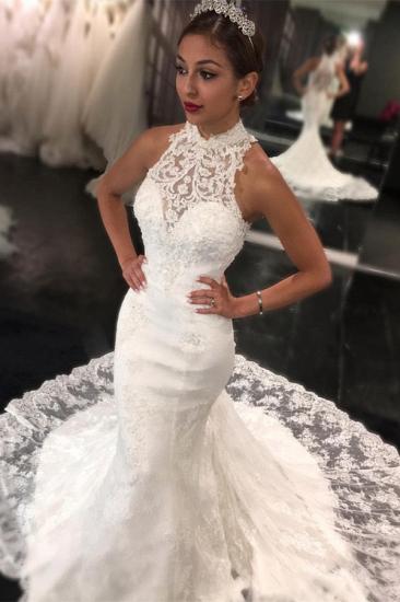 Newest High-Neck Lace Mermaid Sleeveless Sweep-Train Wedding Dress