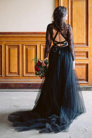 Black Lace Long Sleeves Wedding Dress Tulle Aline Floor Length Bridal Dress_3