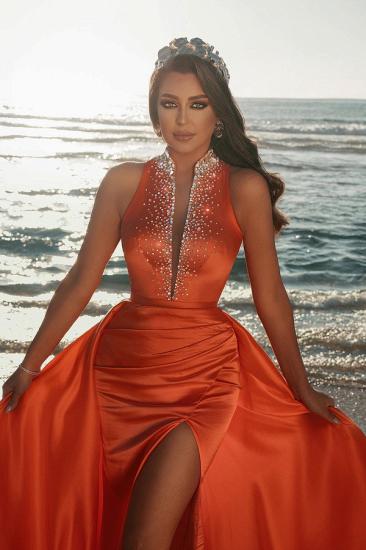 Sexy Deep V-Neck Crystals Satin Mermaid Prom Dress with Sweep Train Side Slit_2