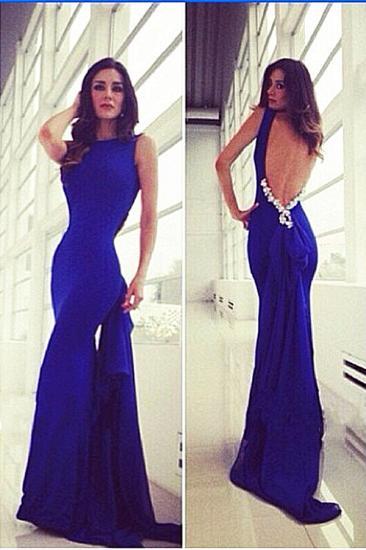 Royal Blue Stretch Stain Open Back Evening Dresses with Crystals Sexy Long Party Dresses for Prom_1
