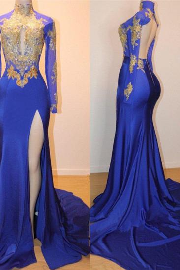 Royal Blue Gold Appliques Sexy Open Back Prom Dress | Side Slit Long Sleeve Cheap Evening Dress_2