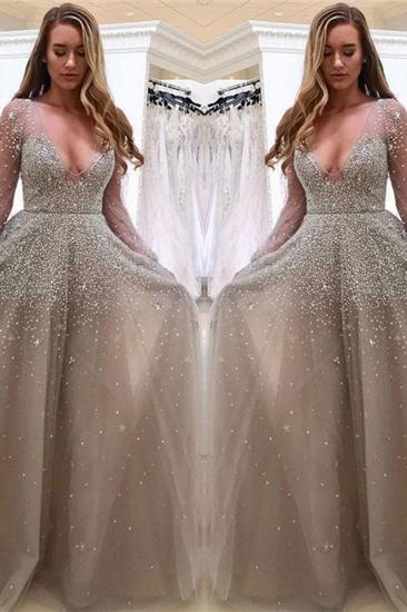 Sexy V-neck Long Sleeve Prom Dresses Beads Tulle Cheap Formal Evening Gown_2