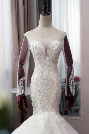 Bradyonlinewholesale Chic Jewel Tulle Mermaid Lace Wedding Dress Pearls Appliques Long Sleeves Bridal Gowns Online_5