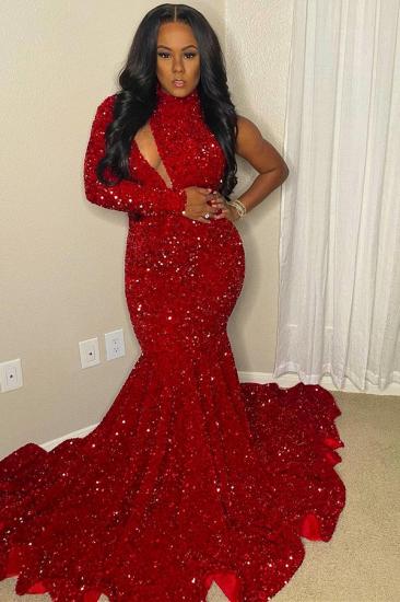 Red Sexy One Sleeve One Shoulder Mermaid Floor Length Prom Dress_1