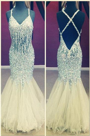 Sexy Mermaid Tulle Crystal Evening Dresses Acrossed Back Stunning Unique Floor Length Gowns with Beadings_1