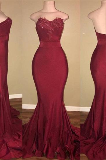 Strapless Burgundy Sexy Burgundy Prom Dress Cheap | Mermaid Long Train Appliques Evening Gown_2