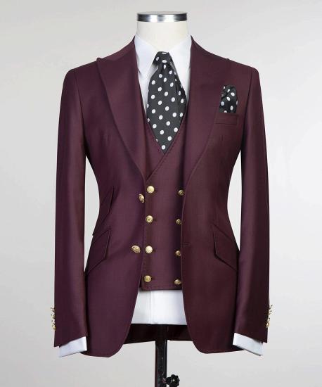 Fashion Burgundy Three Pieces Peaked Lapel Men Suits_4