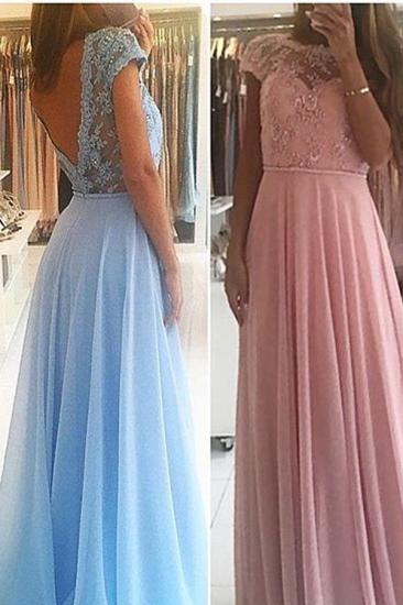 Chiffon Lace Appliques Prom Dresses Floor Length Chic A-line Short Sleeves Evening Dress