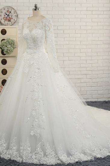 Bradyonlinewholesale Modest Jewel Longsleeves White Wedding Dresses A-line Tulle Ruffles Bridal Gowns On Sale_3