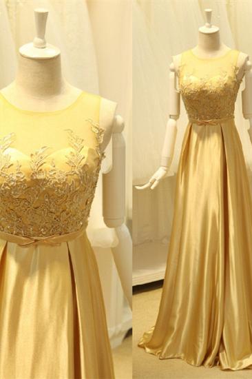 Elegant Gold Silk Chiffon Long Evening Dresses Sweep Train Sheer Top Beads Popular Prom Dresses_1
