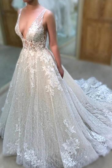 Shiny V-Neck A-line Wedding Dress Appliques Bridal Formal Gowns_1
