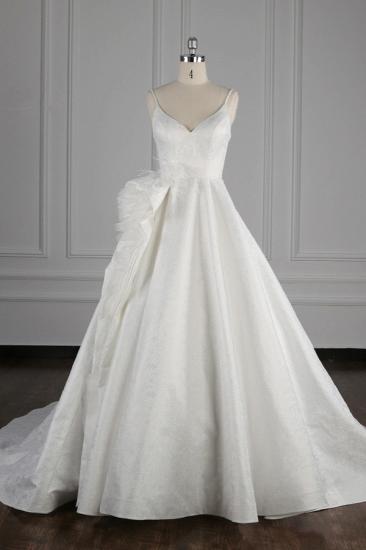 Bradyonlinewholesale Chic Spaghetti Straps V-neck Wedding Dress Satin Appliques Bow Bridal Gowns Online