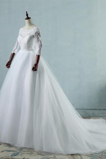 Bradyonlinewholesale Elegant Jewel Tulle Lace Wedding Dress 3/4 Sleeves Appliques A-Line Bridal Gowns On Sale_3