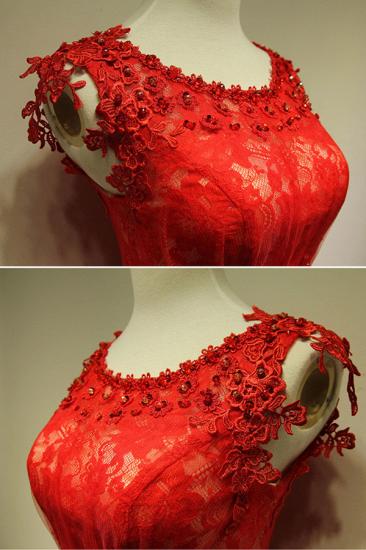 Red Elegant Lace Evening Dresses Sweep Train Zipper Beading Prom Gowns_3