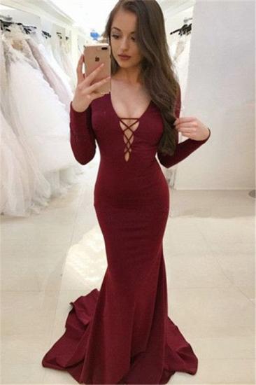 Sexy Burgundy Long Sleeves Evening Dresses Backless Mermaid V-Neck Prom Dresses