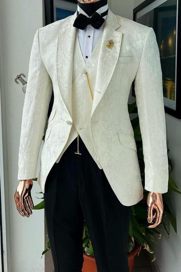 Trendy White Jacquard Wedding Suit for Groom with Waistcoat_2