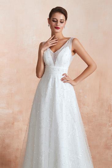 Carnelian | White V-neck Beach Wedding Dress with Pearls on Tulle, Elegant Sleeveless Long length Summer Bridal Gowns_9