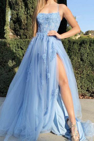 Sky Blue Side Split Evening Dress Spaghetti Straps Floral Appliques Tulle Prom Dress