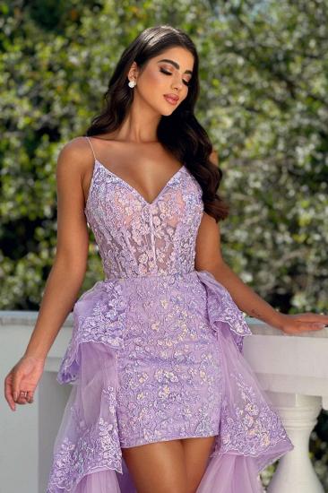 Lilac Evening Dresses Short Front Long Back Lace Prom Dresses Glitter_4
