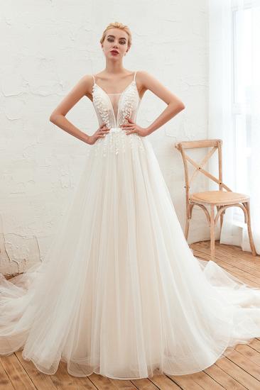 Chic Spaghetti Straps V-Neck Ivory Tulle Wedding Dress with Appliques_1