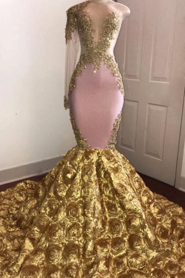 One Sleeve Mermaid Gold Floral Prom Dresses Cheap | Beads Lace Appliques Sexy Prom Gowns Cheap