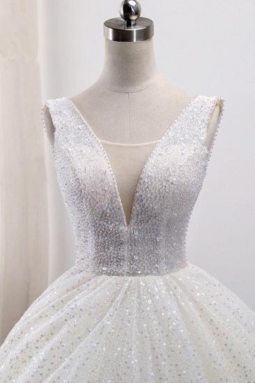 Bradyonlinewholesale Gorgeous Tulle V-Neck Ball Gown Wedding Dress Sparkly Sequined Sleeveless Bridal Gowns On Sale_4