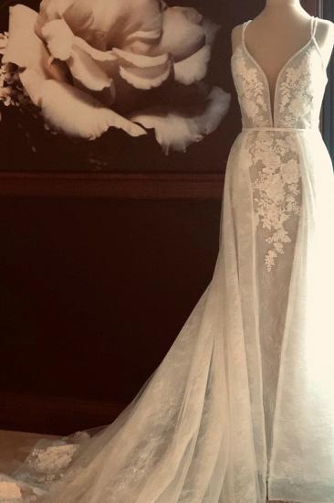 Elegant Double V-Neck Floral Lace Wedding Bridal Gowns Sweep Train_2