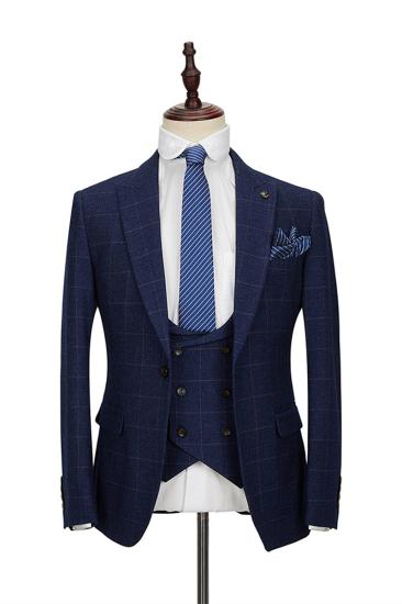 Classic Blue Plaid Peak Lapel 3 Piece Mens Suit with Double Breasted Waistcoat_1