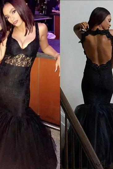 Sexy Black Mermaid V-Neck Prom Dresses Open Back Sleeveless Evening Gowns_2