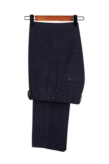 Formal Dark Navy Plaid Peak Lapel 3 Piece Mens Suit with Double Breasted Waistcoat_4